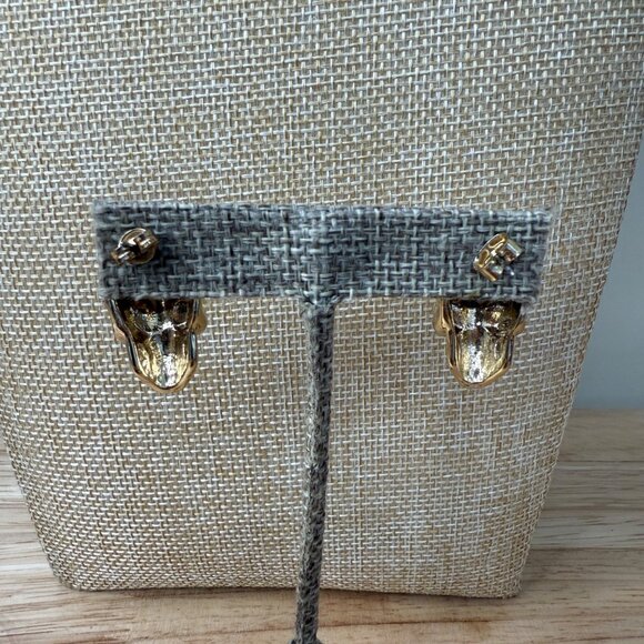 Gold Skull Earrings With Orange Heart-Shaped Eyes For Pierced Halloween & Fall - Picture 8 of 8